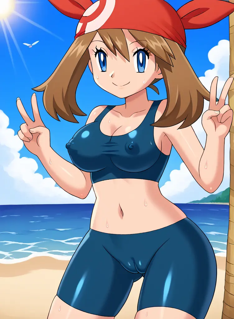 Image 1girls,big_breasts,breasts,female,looking_at_viewer,solo,pokemon,sweat,beach,ai_generated,midriff,stable_diffusion,brown_hair,cameltoe,erect_nipples,tank_top,gesture,may_(pokemon),bike_shorts,game_freak,peace_sign,erect_nipples_under_clothes,bandana