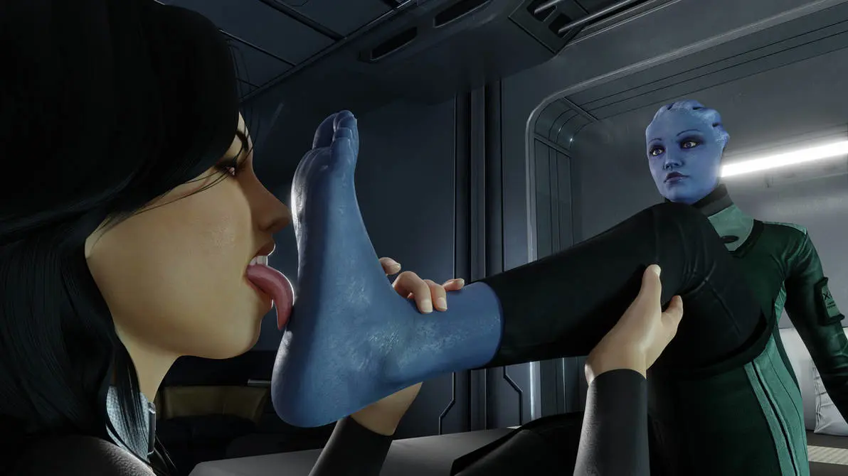 Image female,female_only,black_hair,barefoot,feet,foot_fetish,3d,soles,foot_focus,blue_skin,mass_effect,asari,liara_t'soni,mass_effect_2,foot_lick,caucasian,foot_worship,miranda_lawson,foot_grab,caucasian_female,dais1984