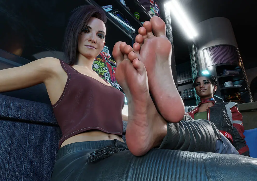 Image female,light-skinned_female,light_skin,looking_at_viewer,barefoot,feet,foot_fetish,3d,soles,cyberpunk_2077,black_toenail_polish,smirking_at_viewer,foot_focus,caucasian,v_(cyberpunk_2077),valerie_(cyberpunk_2077),panam_palmer,caucasian_female,dais1984