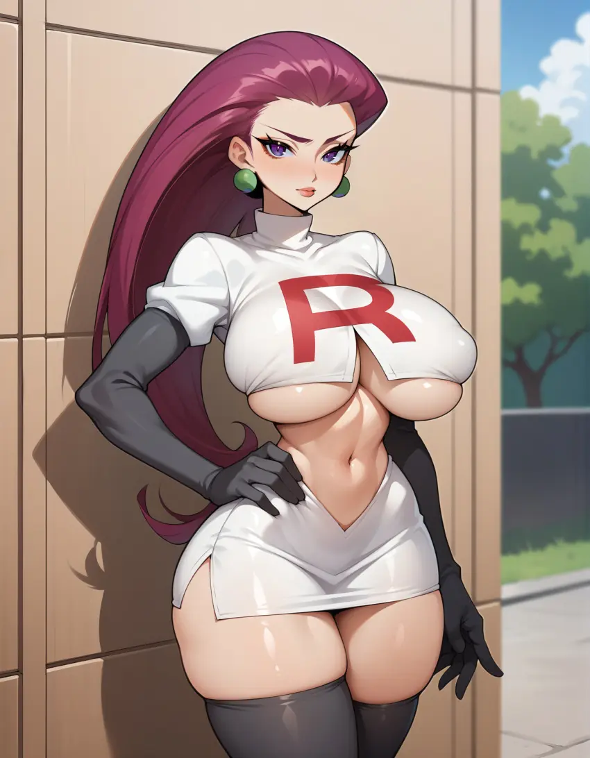 Image 1girls,big_breasts,breasts,female,long_hair,looking_at_viewer,standing,black_legwear,pokemon,earrings,thick_thighs,voluptuous,ai_generated,underboob,voluptuous_female,stockings,purple_eyes,purple_hair,hourglass_figure,slim_waist,big_thighs,legwear,armwear,jessie_(pokemon),lewdwaifulaifu,team_rocket