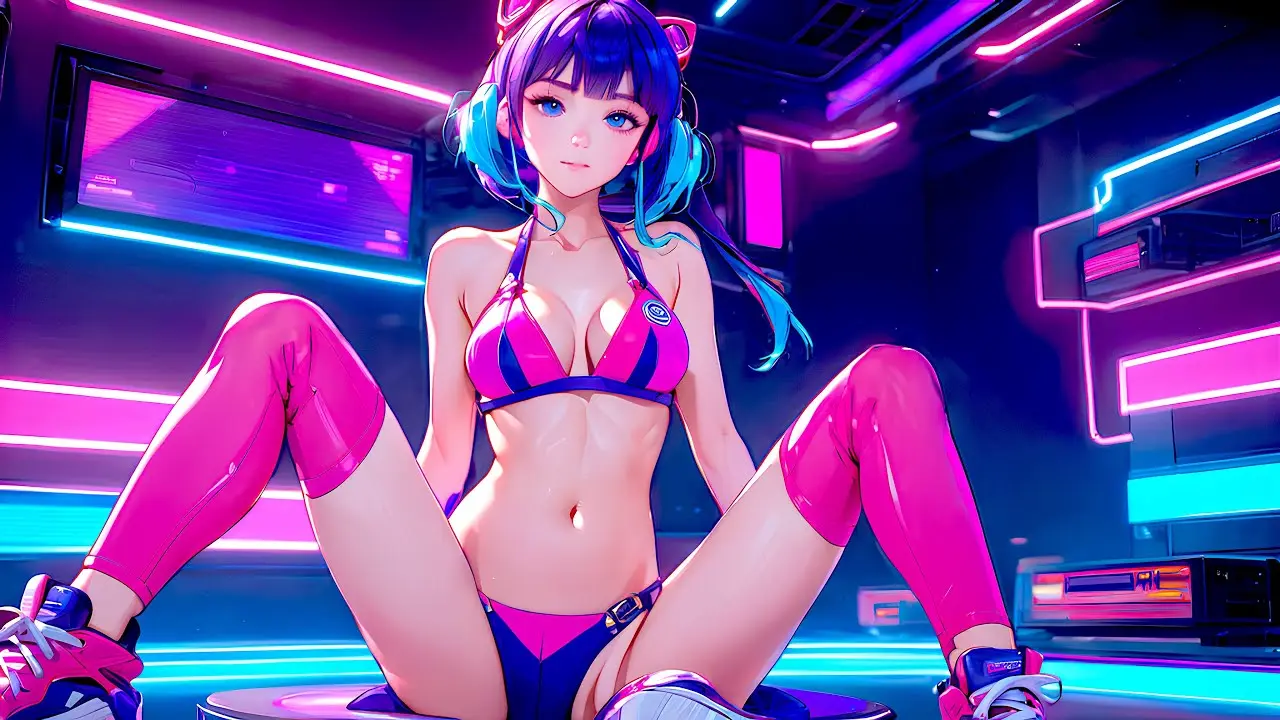 Image 1girls,female,looking_at_viewer,blue_eyes,blue_hair,ai_generated,belly,belly_button,spread_legs,sitting,shoes,city_background,cyberpunk,pink_bra,cyberpunk_background