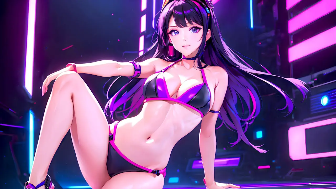 Image 1girls,female,looking_at_viewer,black_hair,ai_generated,belly,belly_button,sitting,black_eyes,leg_up,black_bra,cyberpunk,cyberpunk_background