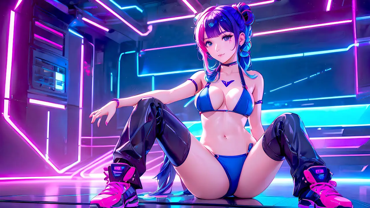 Image 1girls,female,looking_at_viewer,blue_eyes,blue_hair,ai_generated,belly,belly_button,spread_legs,sitting,shoes,cyberpunk,blue_bra,cyberpunk_background