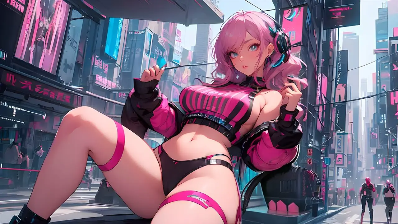 Image 1girls,female,looking_at_viewer,blue_eyes,headphones,ai_generated,belly,belly_button,pink_hair,sitting,black_panties,leg_up,city_background,cyberpunk,cyberpunk_background