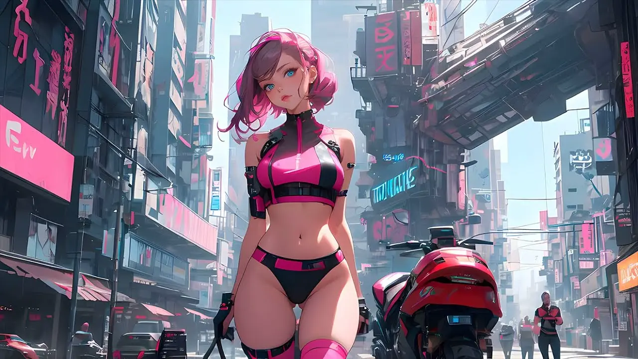 Image 1girls,female,looking_at_viewer,standing,blue_eyes,ai_generated,belly,belly_button,pink_hair,black_panties,city_background,cyberpunk,cyberpunk_background