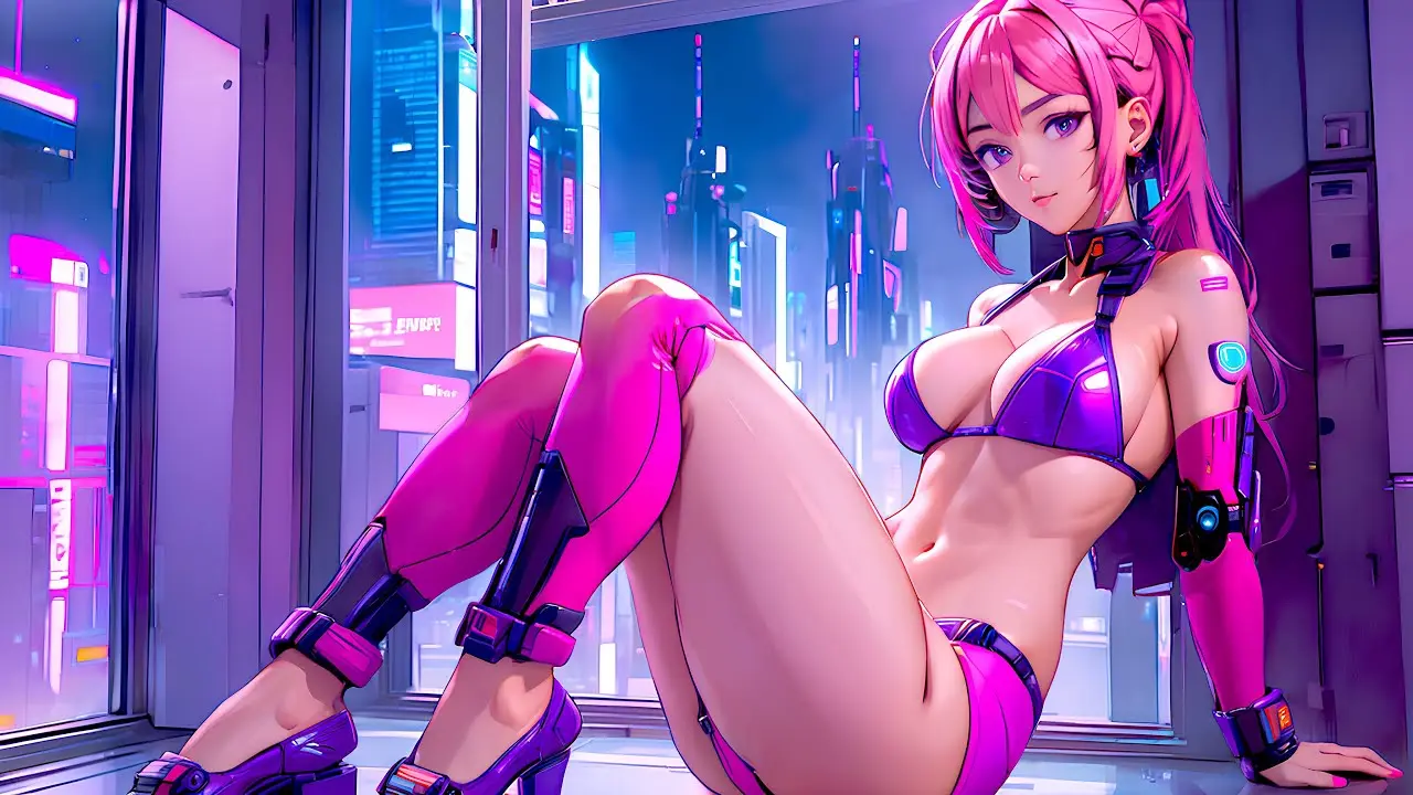 Image 1girls, female, looking_at_viewer, ai_generated, belly, belly_button, pink_hair, pink_eyes, sitting, legs_up, shoes, city_background, cyberpunk, support, cyberpunk_background