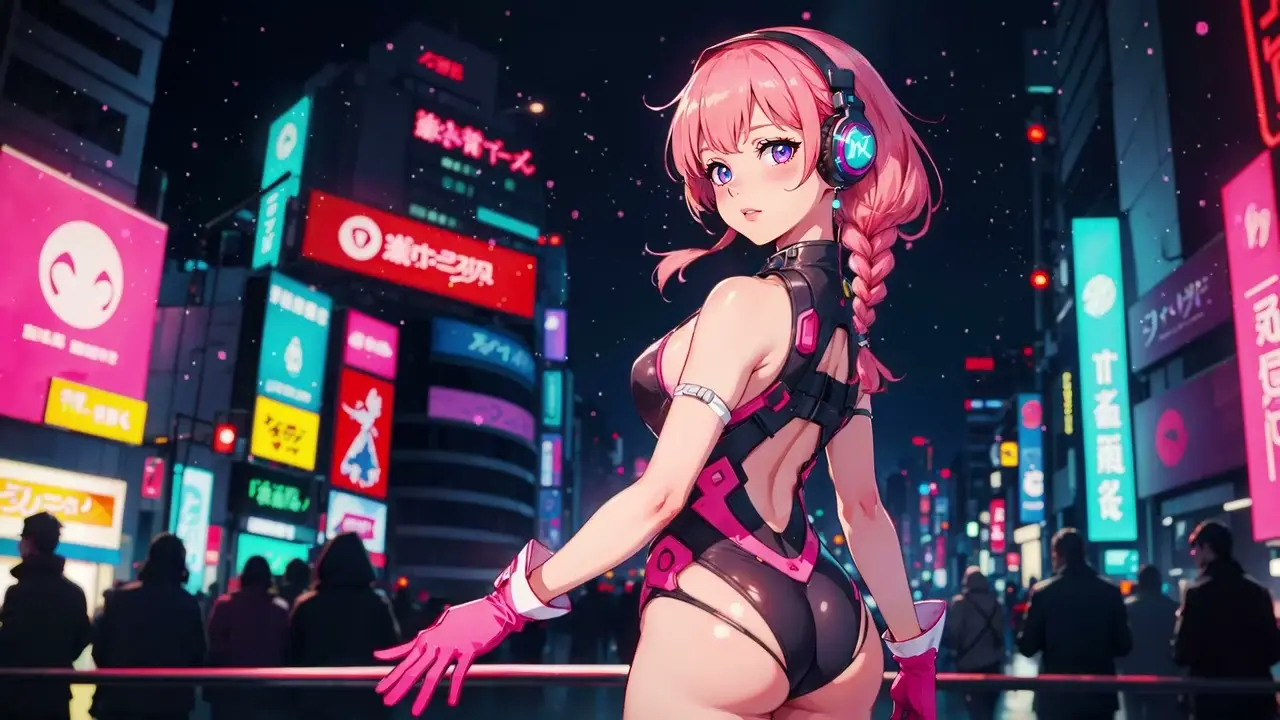 Image 1girls,female,looking_at_viewer,standing,gloves,headphones,ai_generated,pink_hair,purple_eyes,braided_hair,city_background,cyberpunk,cyberpunk_background,turning_around