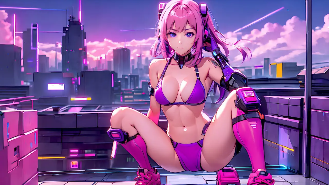 Image 1girls,female,looking_at_viewer,blue_eyes,ai_generated,belly,belly_button,pink_hair,spread_legs,squatting,shoes,pink_panties,city_background,cyberpunk,pink_bra,cyberpunk_background,squat_position