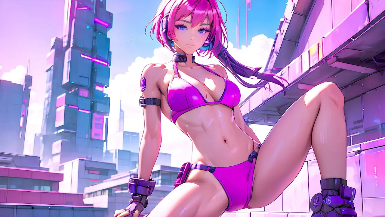 Image 1girls,female,blue_eyes,ai_generated,belly,belly_button,pink_hair,spread_legs,leg_up,shoes,pink_panties,city_background,cyberpunk,pink_bra,cyberpunk_background