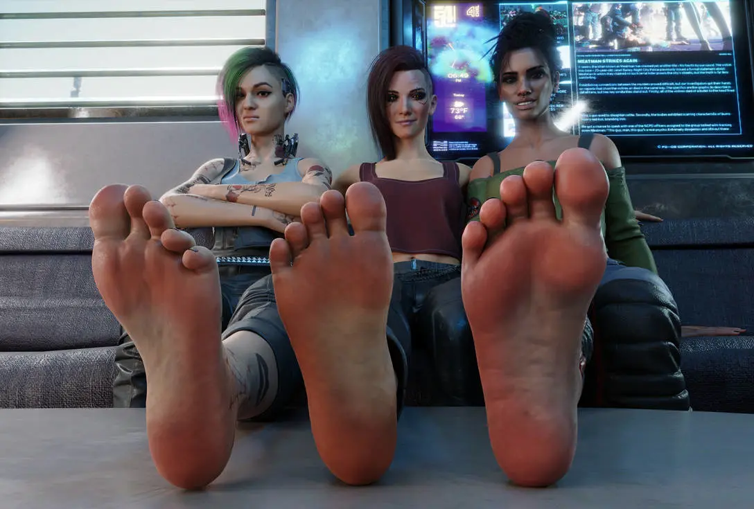 Image female,light-skinned_female,light_skin,looking_at_viewer,barefoot,feet,foot_fetish,3d,soles,cyberpunk_2077,smirking_at_viewer,foot_focus,hispanic,caucasian,v_(cyberpunk_2077),valerie_(cyberpunk_2077),panam_palmer,hispanic_female,caucasian_female,dais1984