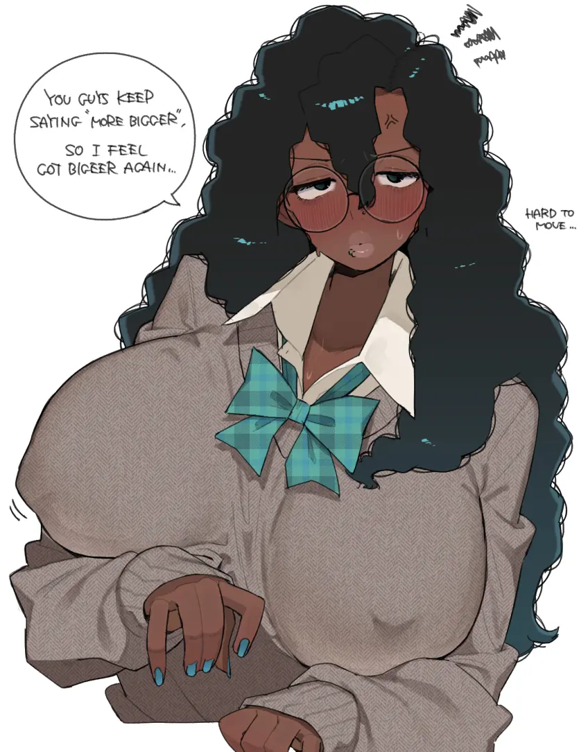 Image 1girls,big_breasts,breasts,clothed,female,looking_at_viewer,solo,black_hair,huge_breasts,2d,school_uniform,dark-skinned_female,nipple_bulge,annoyed,anger_vein,ohasi,coli_(ohasi),sub_saharan