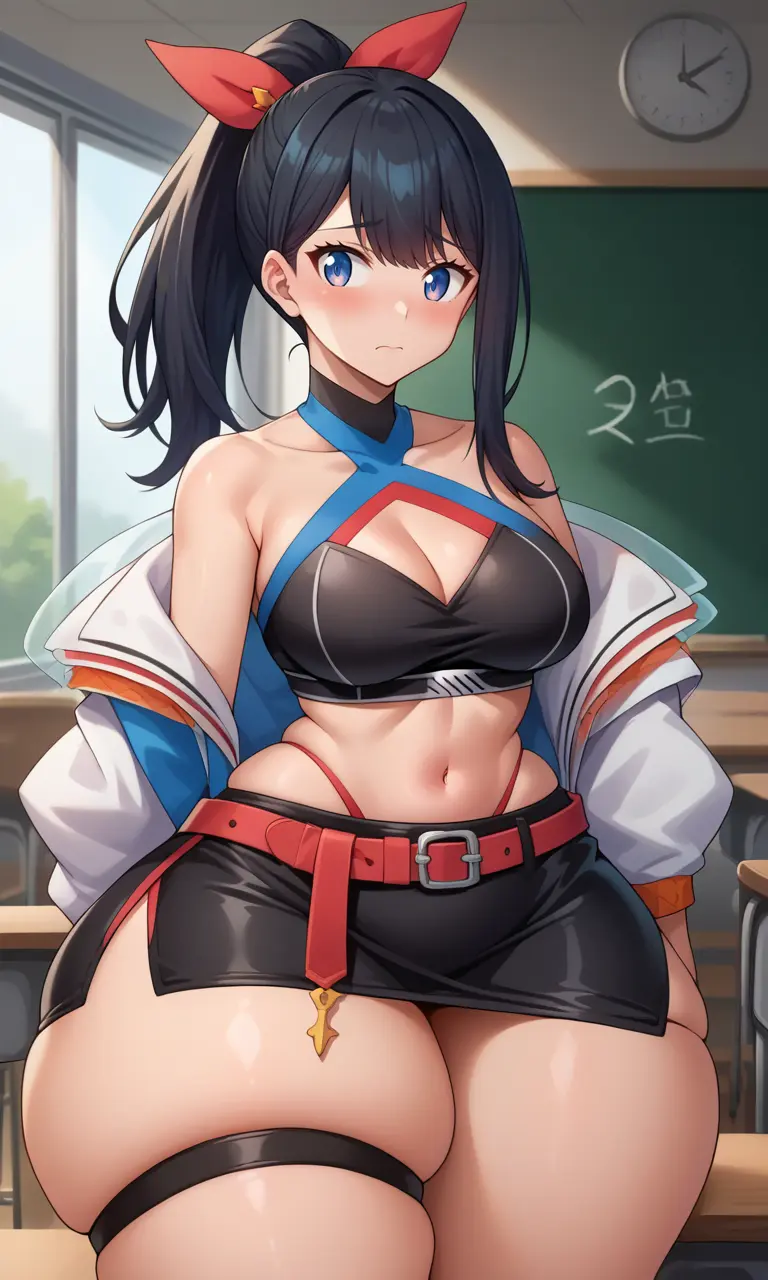 Image breasts,female,thick_thighs,wide_hips,ai_generated,medium_breasts,stable_diffusion,closed_mouth,official_alternate_costume,small_waist,classroom,worried,fat_thighs,gigantic_thighs,ssss.gridman,takarada_rikka,looking_to_the_side,official_alternate_hairstyle