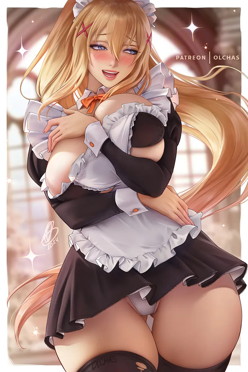 Image 1girls,breasts,female,female_only,large_breasts,solo,blue_eyes,heart-shaped_pupils,thighhighs,thighs,blonde_hair,stockings,maid,maid_uniform,revealing_clothes,fully_clothed,uniform,darkness_(konosuba),kono_subarashii_sekai_ni_shukufuku_wo!,olchas