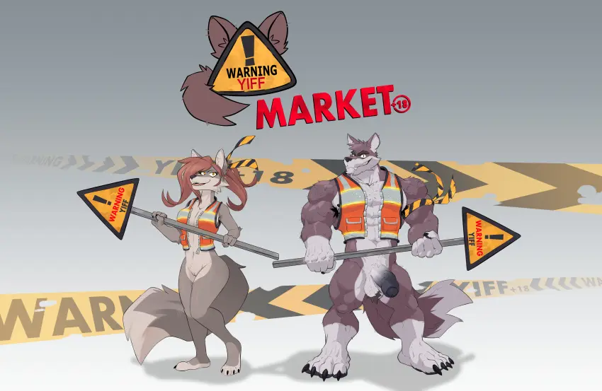 Image breasts,clothing,female,hi_res,male,penis,pussy,duo,muscular,wide_hips,hair,anthro,absurd_res,brown_hair,canid,canine,canis,fur,genitals,grey_body,grey_fur,mammal,wolf,pecs,logo,mascot,topwear,vest,market,warning_sign,convention,zipperhyena,warning_yiff,security_vest,yina_wolf