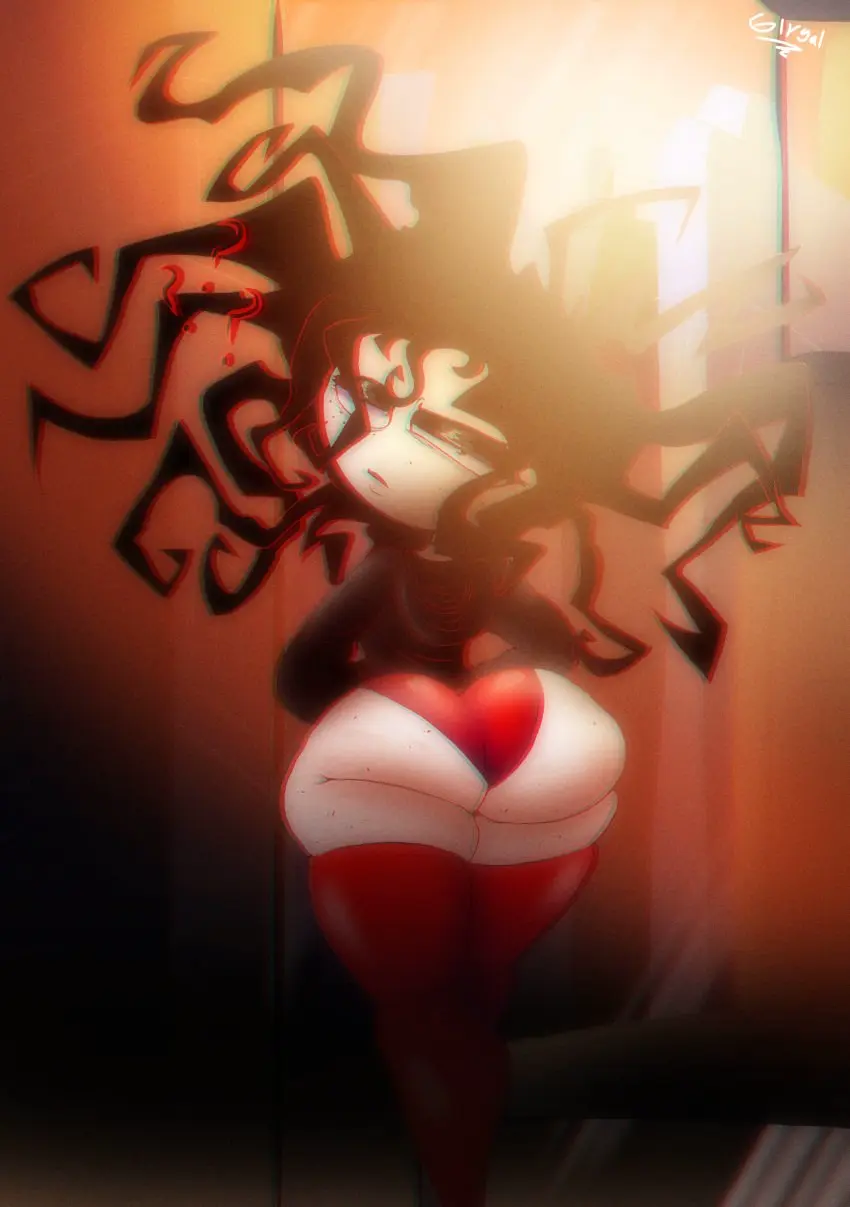 Image 1girls,blush,female,looking_at_viewer,black_hair,ass,curly_hair,looking_back,cartoon_network,question_mark,booty_shorts,plump_ass,short_shorts,city_background,powerpuff_girls,eye_bags,red_shorts,giygal,filter,sedusa