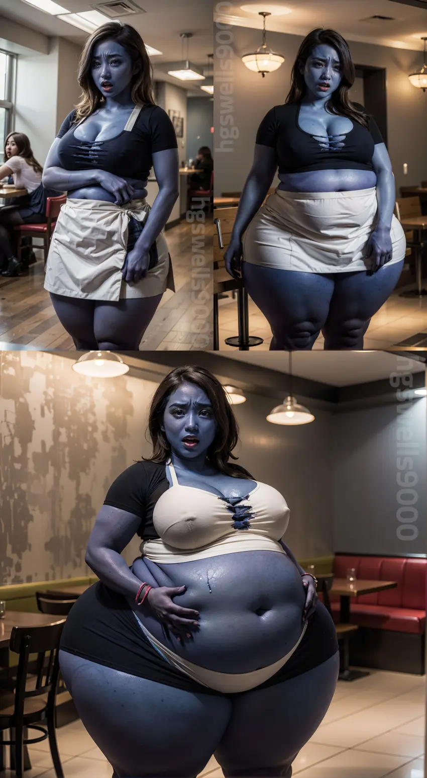 Image big_breasts,breasts,female,light-skinned_female,navel,big_ass,wide_hips,ai_generated,big_belly,cleavage,stable_diffusion,brown_hair,blueberry_inflation,inflation,waitress,expansion,nipples_visible_through_clothing,3girls,asian,asian_female,ass_expansion,breast_expansion,blue_skin,hand_on_belly,belly_expansion,restaurant,pudgy_belly,waitress_uniform,grabbing_own_belly,hgswells9000