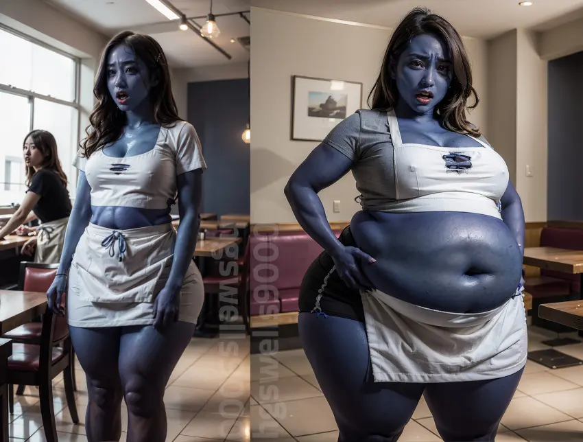 Image big_breasts,breasts,female,light-skinned_female,2girls,navel,big_ass,wide_hips,ai_generated,big_belly,cleavage,tagme,stable_diffusion,brown_hair,blueberry_inflation,inflation,waitress,expansion,nipples_visible_through_clothing,asian,asian_female,ass_expansion,breast_expansion,blue_skin,hand_on_belly,belly_expansion,restaurant,waitress_uniform,grabbing_own_belly,hgswells9000