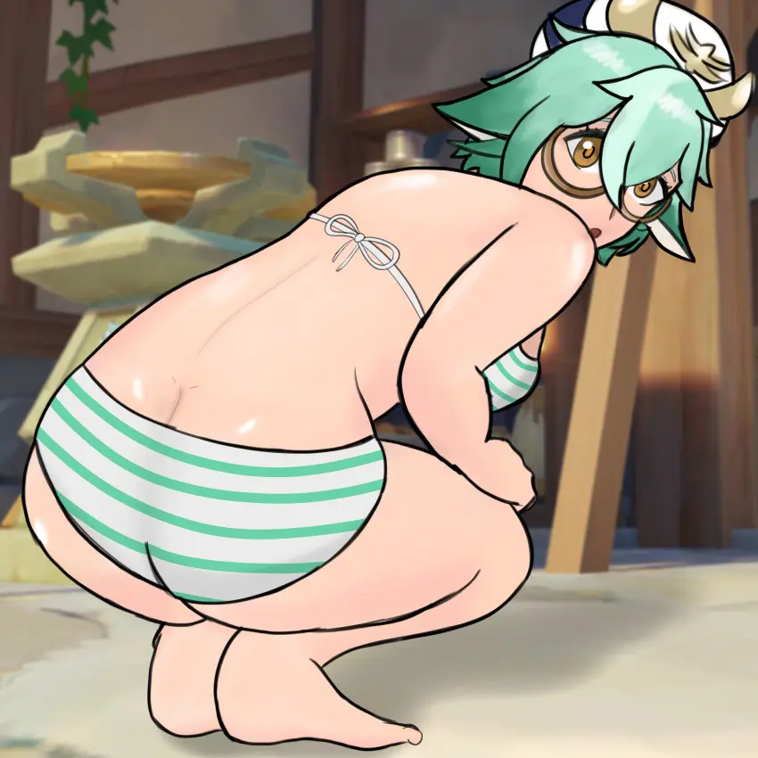 Image female,female_only,looking_at_viewer,bikini,looking_back,from_behind,glasses,genshin_impact,green_hair,squatting,ass_focus,sucrose_(genshin_impact),plops456