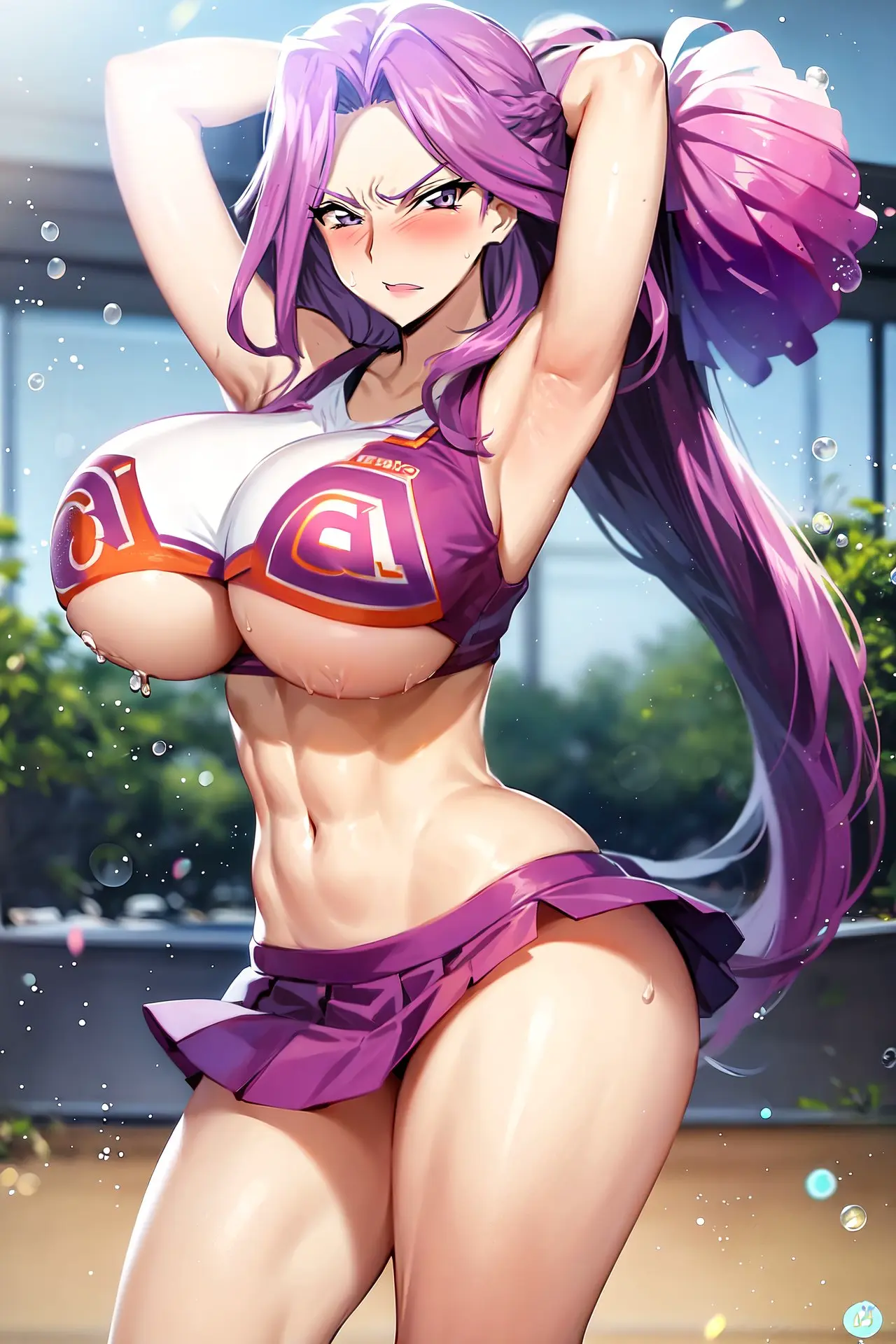 Image 1girls,big_breasts,breasts,female,female_only,hi_res,highres,long_hair,solo,armpits,ai_generated,solo_focus,purple_eyes,purple_hair,skirt,commentary_request,high_resolution,english_commentary,cheerleader,cheerleader_outfit,pom_poms,code_geass,cornelia_li_britannia