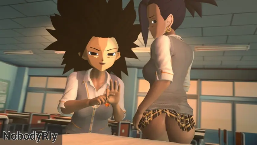 Image female,female_only,2girls,black_hair,multiple_girls,ass,earrings,dark_skin,dragon_ball,school_uniform,dark-skinned_female,miniskirt,skirt,ass_focus,school,uniform,dragon_ball_super,pervert,sexually_suggestive,caulifla,kale,pervert_female,sex_invitation,nobodyrly_(artist)