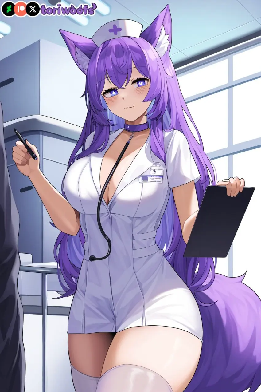 Image 1girls,big_breasts,breasts,female,female_only,highres,light_skin,long_hair,thighhighs,female_focus,thick_thighs,thighs,wide_hips,patreon_username,watermark,hips,ai_generated,wavy_hair,huge_breasts,kemonomimi,purple_eyes,curvy,purple_hair,cute,dog_ears,dog_girl,:3,wolf_ears,huge_boobs,purple_ears,nurse_cap,light_skinned_female,nurse,doggirl,petgirl,purple_tail,tori,toriwoofs