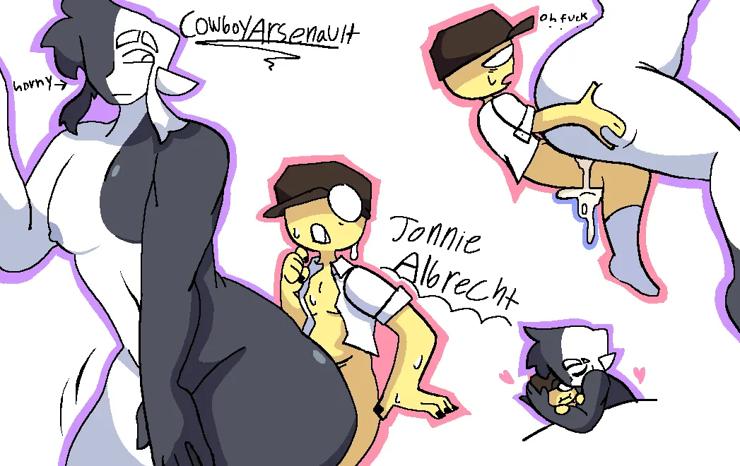 Image white_background,male,humanoid,muscular,muscular_male,areolae,cum_in_ass,cum_leaking,after_sex,yellow_body,elf_ears,excessive_cum,sweating,small_dom_big_sub,horny,cuddling,chubby_male,cel_shading,flustered_male,brown_hat,cowboy_arsernault_(webfreak),jonnie_albrecht_(webfreak),pink_outline,purple_outline,split_eyebrow,straight_face,webfreak,white_and_black_body