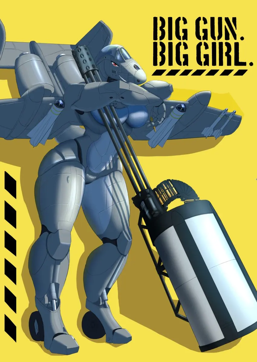 Image red_eyes,thick_thighs,yellow_background,living_machine,leaning_on_object,poster,mechanical,aircraft,aeromorph,living_aircraft,machine_gun,a-10,a-10_thunderbolt,noti21