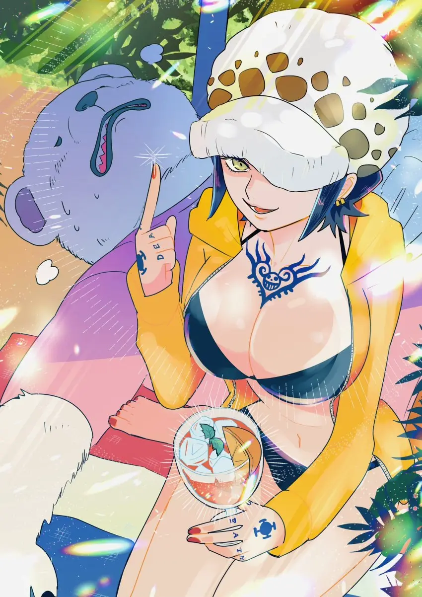 Image 1girls,breasts,clothed,clothing,female,highres,human,light-skinned_female,open_mouth,1boy,black_hair,male,navel,short_hair,yellow_eyes,earrings,hat,white_skin,humanoid,one_piece,beach,cleavage,clothes,color,tattoo,huge_breasts,anthro,sitting,swimsuit,dark_hair,outdoors,shounen_jump,holding_object,ear_piercing,jacket,breast_tattoo,chest_tattoo,hand_tattoo,sand,detailed,2024,outside,breast_focus,bear,smirking,plant,white_fur,painted_nails,rule_63,summer,cup,red_nails,pink_shirt,lying_on_back,tattoos,sunny,drink,juice,beach_towel,holding_cup,trafalgar_law,trafalgar_law_(female),finger_tattoo,vamddkijg,bepo,minkmen_(one_piece)