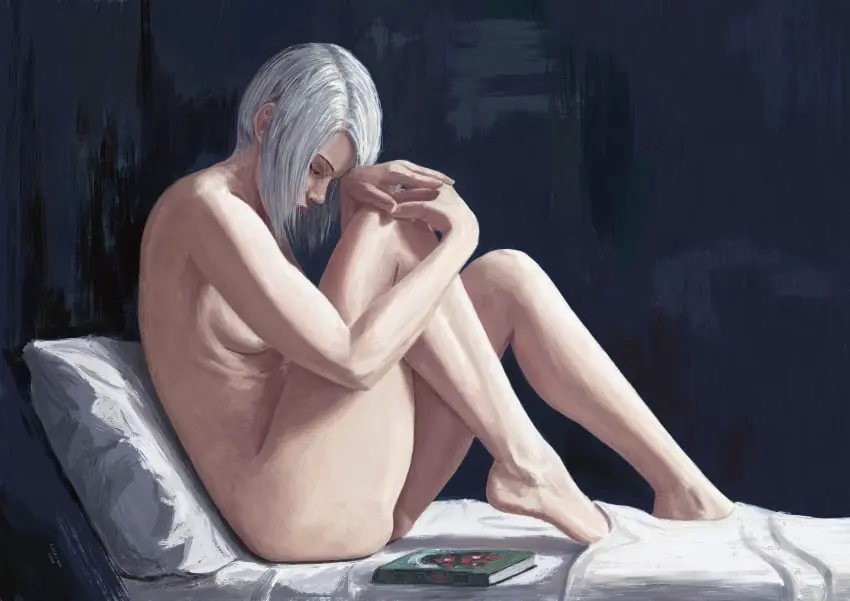 Image 1girls, breasts, female, female_only, hi_res, human, light-skinned_female, solo, white_hair, nude, short_hair, ass, underboob, nude_female, sitting, absurd_res, pale_skin, closed_eyes, bed, completely_nude_female, pillow, book, sitting_on_bed, casual, no_sex, no_artist_signature, signalis, ariane_yeong, cotachan