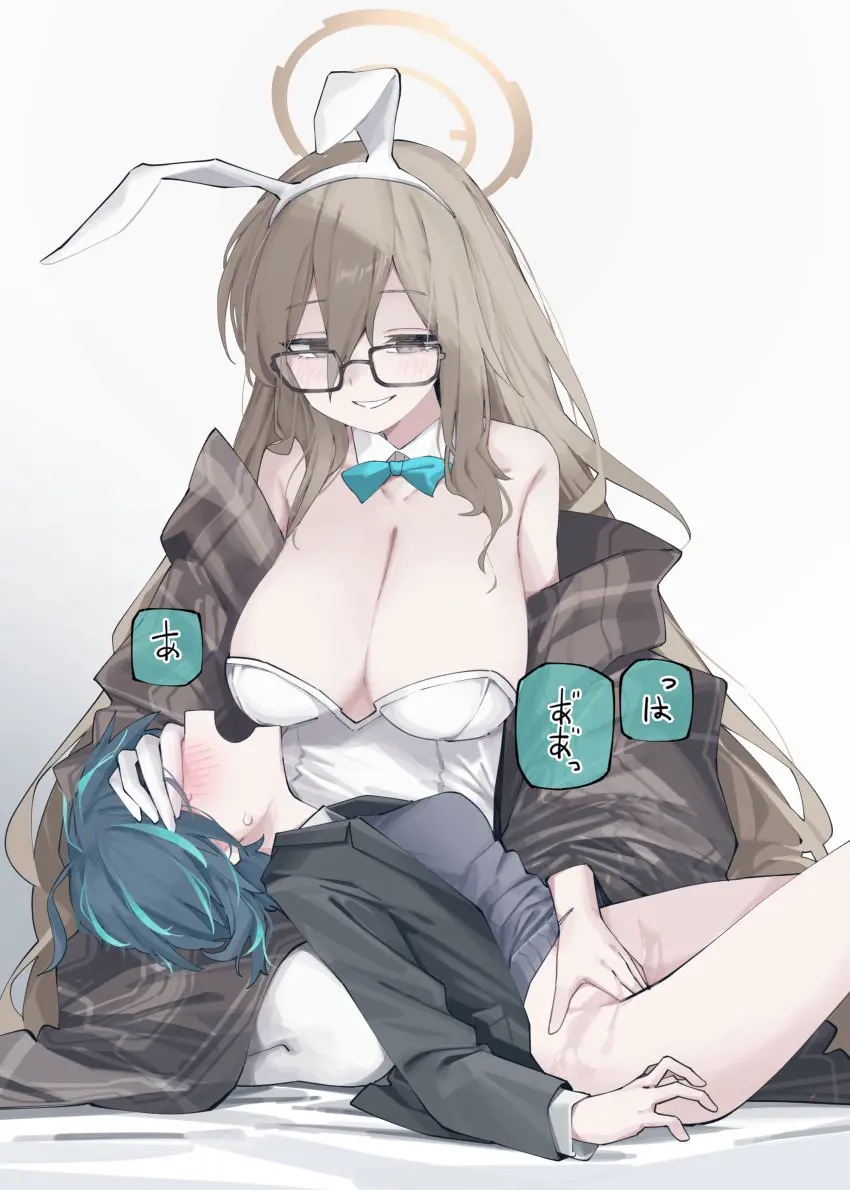 Image blush,bow,breasts,female,highres,long_hair,very_long_hair,2girls,absurdres,animal_ears,multiple_girls,sweat,blue_archive,aqua_hair,cleavage,hairband,glasses,huge_breasts,halo,pussy_juice,brown_hair,rabbit_ears,hair_between_eyes,detached_collar,looking_at_another,yuri,fingering,jacket,bottomless,playboy_bunny,leotard,fake_animal_ears,strapless,strapless_leotard,white_leotard,pantyhose,bowtie,blazer,sensei_(blue_archive),millennium_science_school_student,black_jacket,black-framed_eyewear,white_pantyhose,shawl,animal_ear_hairband,rabbit_ear_hairband,akane_(blue_archive),akane_(bunny)_(blue_archive),aqua_bow,female_sensei_(blue_archive),aqua_bowtie,brown_shawl,covering_another's_eyes,vivo_(vivo_sun_0222)