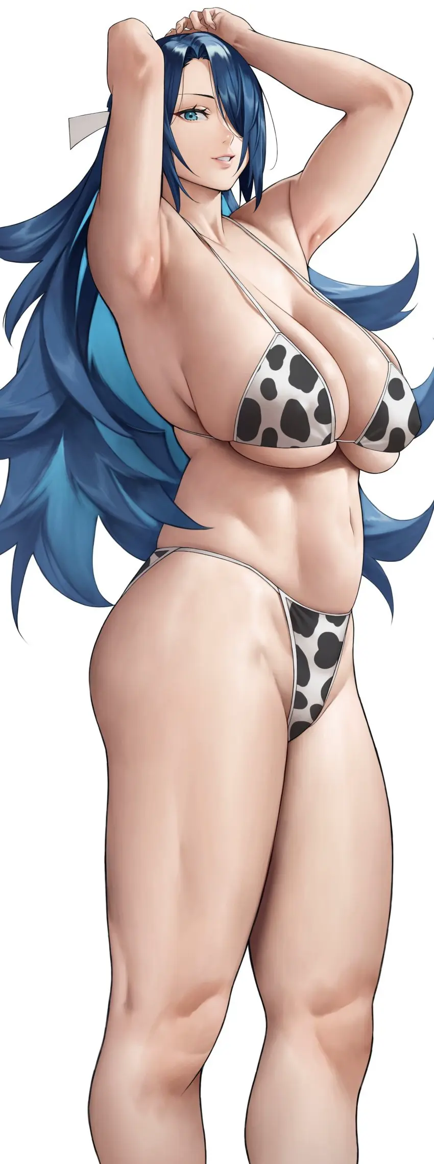 Image breasts,female,large_breasts,looking_at_viewer,blue_eyes,blue_hair,thick_thighs,thighs,voluptuous,milf,armpits,cleavage,legs,voluptuous_female,hair_ribbon,cow_print,ribbon,cow_print_bikini,mato_seihei_no_slave,azuma_fubuki,yoshi55level,yoshio_(55level)