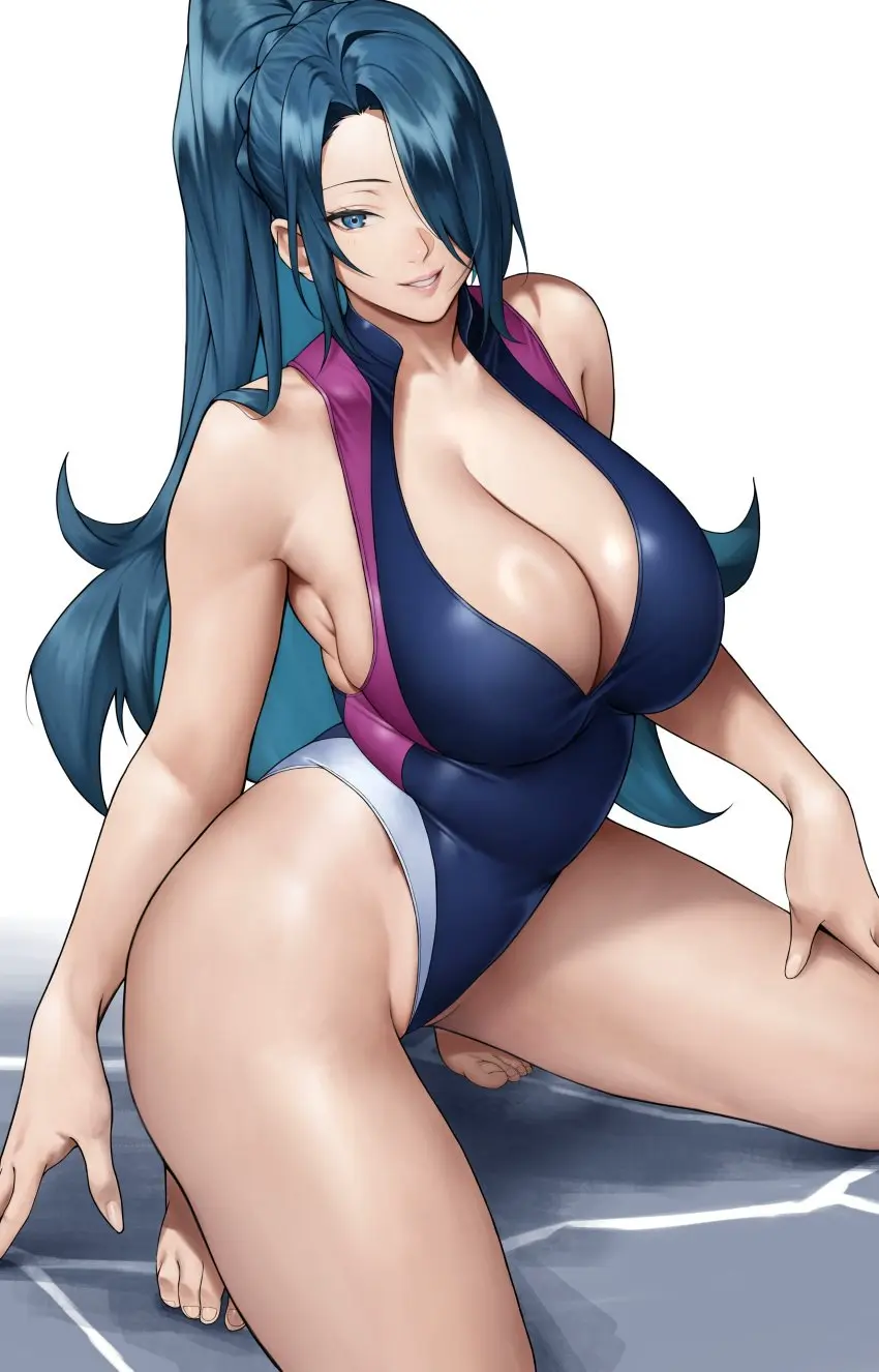 Image breasts,female,large_breasts,smile,blue_eyes,blue_hair,thighs,voluptuous,ponytail,milf,cleavage,voluptuous_female,one-piece_swimsuit,tied_hair,mato_seihei_no_slave,azuma_fubuki,yoshi55level,yoshio_(55level)