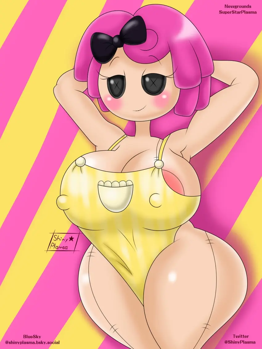 Image blush,breasts,clothed,female,looking_at_viewer,nipples,smile,solo,ass,bedroom_eyes,big_ass,huge_breasts,pink_hair,2d,apron,nipples_visible_through_clothing,2024,bow_ribbon,apron_only,doll,alternate_version_at_source,mattel,plush_doll,crumbs_sugar_cookie,lalaloopsy,superstarplasma