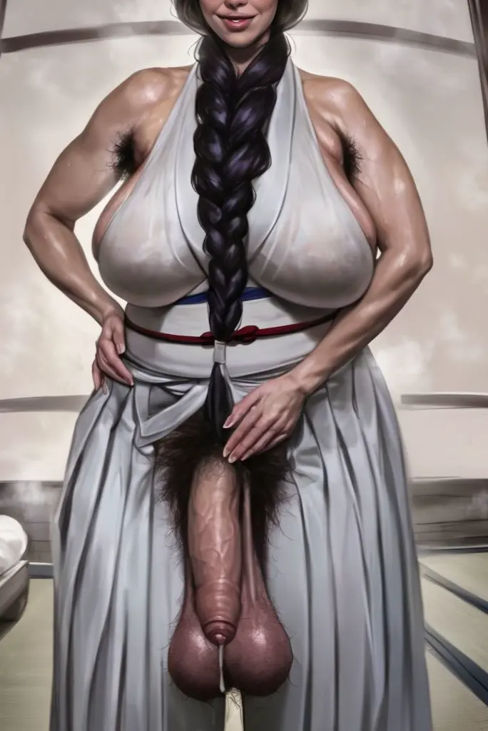 Image breasts,large_breasts,long_hair,penis,seductive_look,thick_thighs,futanari,intersex,ai_generated,thick_ass,pubic_hair,foreskin,uncircumcised,bleach,mature,precum_drip,uncut,hakama_skirt,armpit_hair,musk,unohana_retsu,dojo,briang1748,aunt