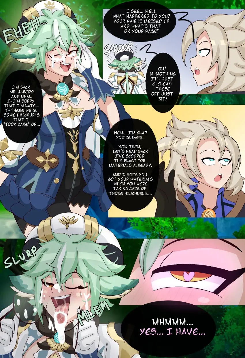 Image cum_on_face,sweat,pleasure_face,genshin_impact,comic,comic_page,messy_hair,licking_cum,mizului,cum_on_glasses,sucrose_(genshin_impact),albedo_(genshin_impact),licking_glass