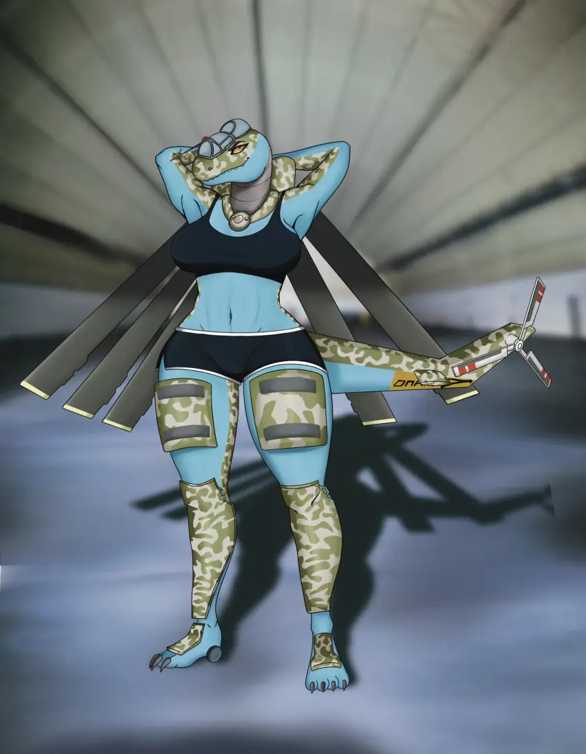 Image big_breasts,breasts,female,solo,thick_thighs,arms_behind_head,shadow,animate_inanimate,living_machine,aircraft,aeromorph,living_aircraft,ghostyisdragon,helimorph,living_helicopter
