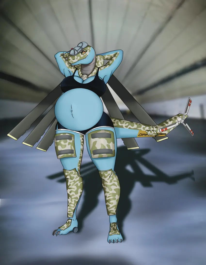 Image big_breasts,breasts,clothed,clothing,female,solo,thick_thighs,arms_behind_head,pregnant,shadow,anthro,piercing,animate_inanimate,living_machine,aircraft,aeromorph,living_aircraft,ghostyisdragon,helimorph,living_helicopter