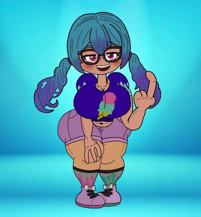 Image breasts,female,pants,blue_hair,seductive,seductive_eyes,glasses,dark-skinned_female,breast_grab,chubby,chubby_female,splatoon,fan_character,tennis_shoes,blue_hair_female,seductive_female,robin2024_(artist),big_fingers,liana