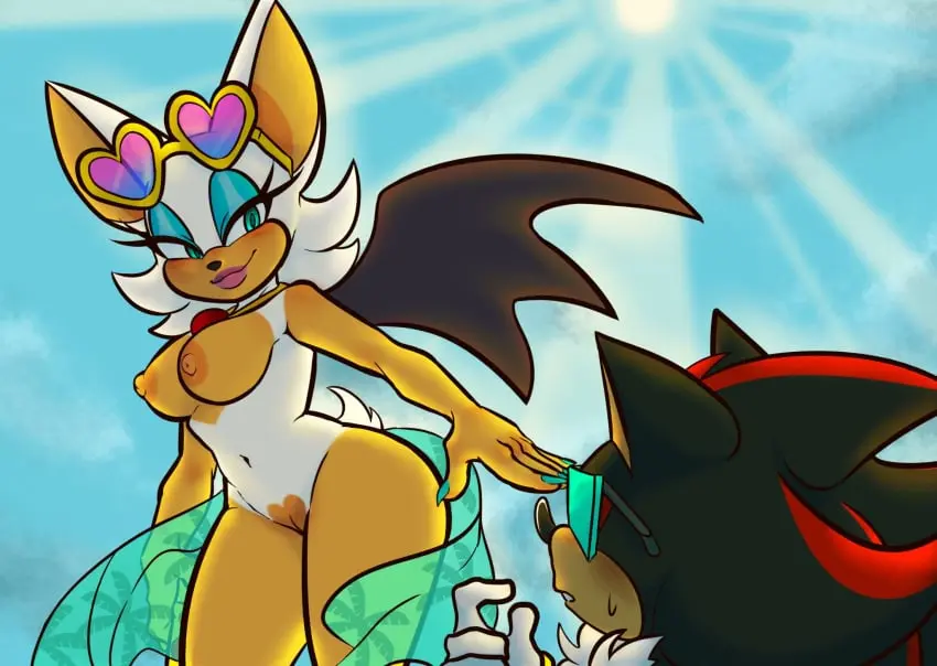 Image breasts,female,hi_res,nipples,smile,male,tail,bedroom_eyes,seductive,duo,beach,eyewear,glasses,male/female,wings,anthro,medium_breasts,sunglasses_on_head,pose,fur,mammal,eyeshadow,makeup,narrowed_eyes,sega,sonic_(series),sonic_the_hedgehog_(series),smirk,scarf,sunlight,sunglasses,light,sun,stripes,hedgehog,bat,rouge_the_bat,smirking_at_partner,eulipotyphlan,spread_wings,shadow_the_hedgehog,presenting_body,quills_(anatomy),half_clothed,black_and_red,ggs_busyrn