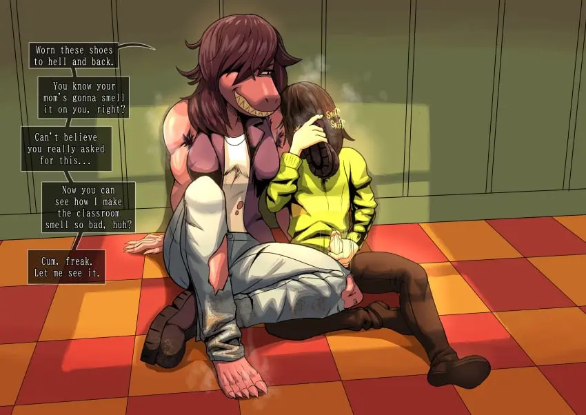 Image clothing,female,hi_res,human,male,2021,duo,muscular,feet,male/female,anthro,text,sitting,absurd_res,masturbation,footwear,mammal,dialogue,claws,toe_claws,english_text,reptile,scales,scalie,purple_body,assertive_female,muscular_female,toes,deltarune,susie_(deltarune),shoes,undertale_(series),kris_(deltarune),body_hair,armpit_hair,5_toes,musk,smelly,sniffing,smelly_feet,stroking_penis,sitting_on_ground,purple_scales,musk_fetish,kokobiel,one_shoe_on,shoe_sniffing