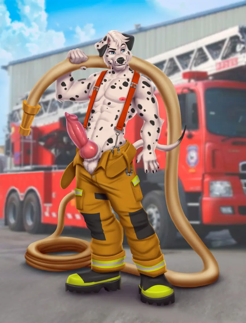 Image clothed,clothing,hi_res,solo,male,penis,big_penis,muscular,balls,anthro,canid,canine,canis,domestic_dog,genitals,mammal,partially_clothed,outside,animal_genitalia,animal_penis,canine_genitalia,canine_penis,knot,sheath,dalmatian,nliiz