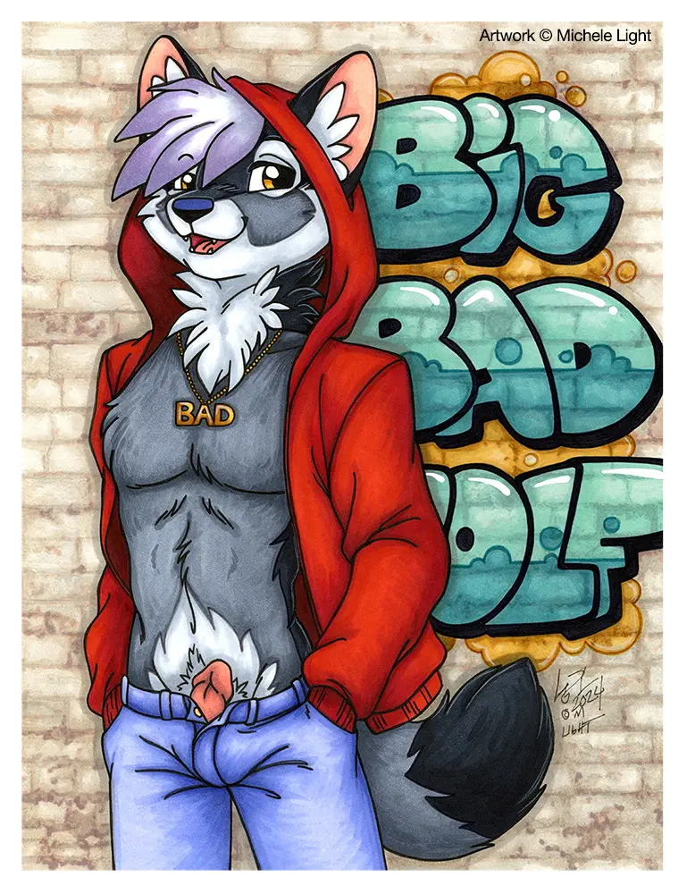 Image clothed,clothing,open_mouth,open_shirt,pants,shirt,solo,white_hair,male,penis,yellow_eyes,hair,anthro,text,canid,canine,canis,fur,genitals,grey_body,grey_fur,mammal,wolf,pecs,black_body,english_text,2024,white_body,hoodie,topwear,white_fur,denim,jeans,black_fur,bottomwear,open_clothing,open_topwear,graffiti,brick_wall,denim_bottomwear,denim_clothing,wall_(structure),peeking_penis,michele_light