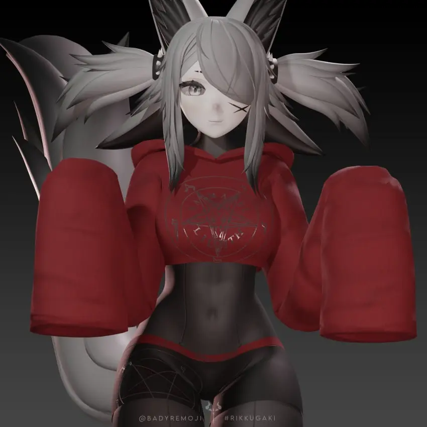 Image female,red_eyes,white_hair,virtual_youtuber,fox_ears,vyugen,skin_tight,face_markings,dya_rikku_(vtuber)