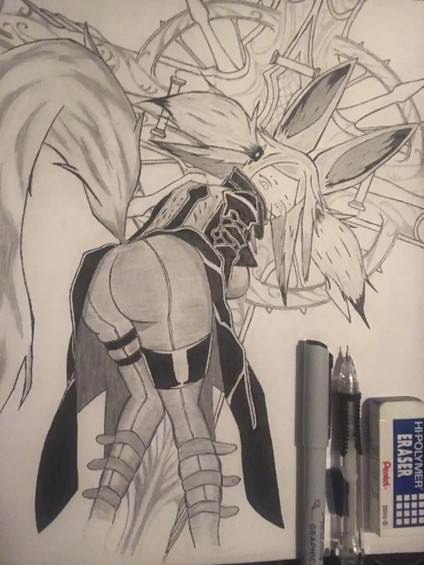 Image female,virtual_youtuber,black_and_white,fox_ears,vyugen,skin_tight,traditional_art,face_markings,dya_rikku_(vtuber)