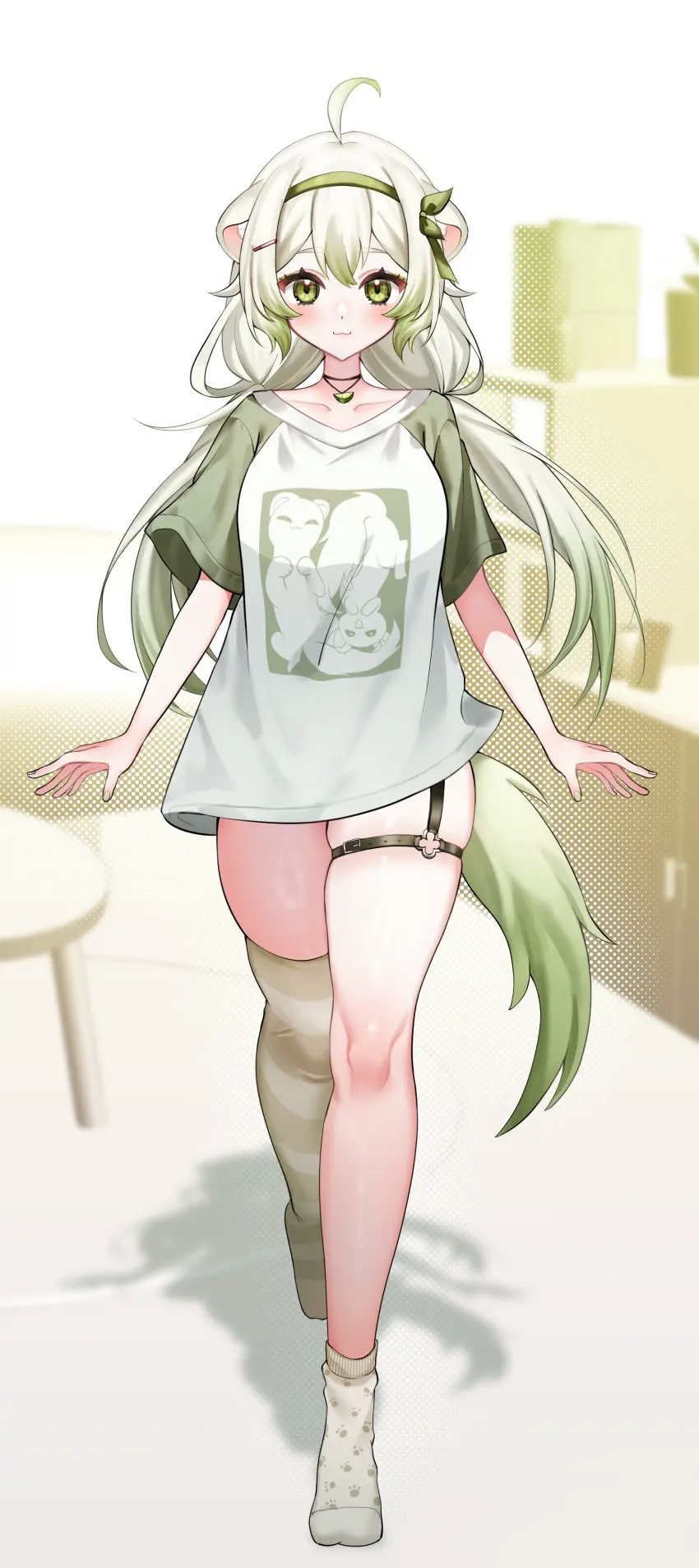 Image 1girls,breasts,female,looking_at_viewer,solo,white_hair,animal_ears,tail,thick_thighs,multicolored_hair,virtual_youtuber,green_eyes,thick,animal_tail,socks,indie_virtual_youtuber,t-shirt,vinesauce,green_highlights,lime,mismatched_legwear,ferret,ferret_girl,laimu,fushi