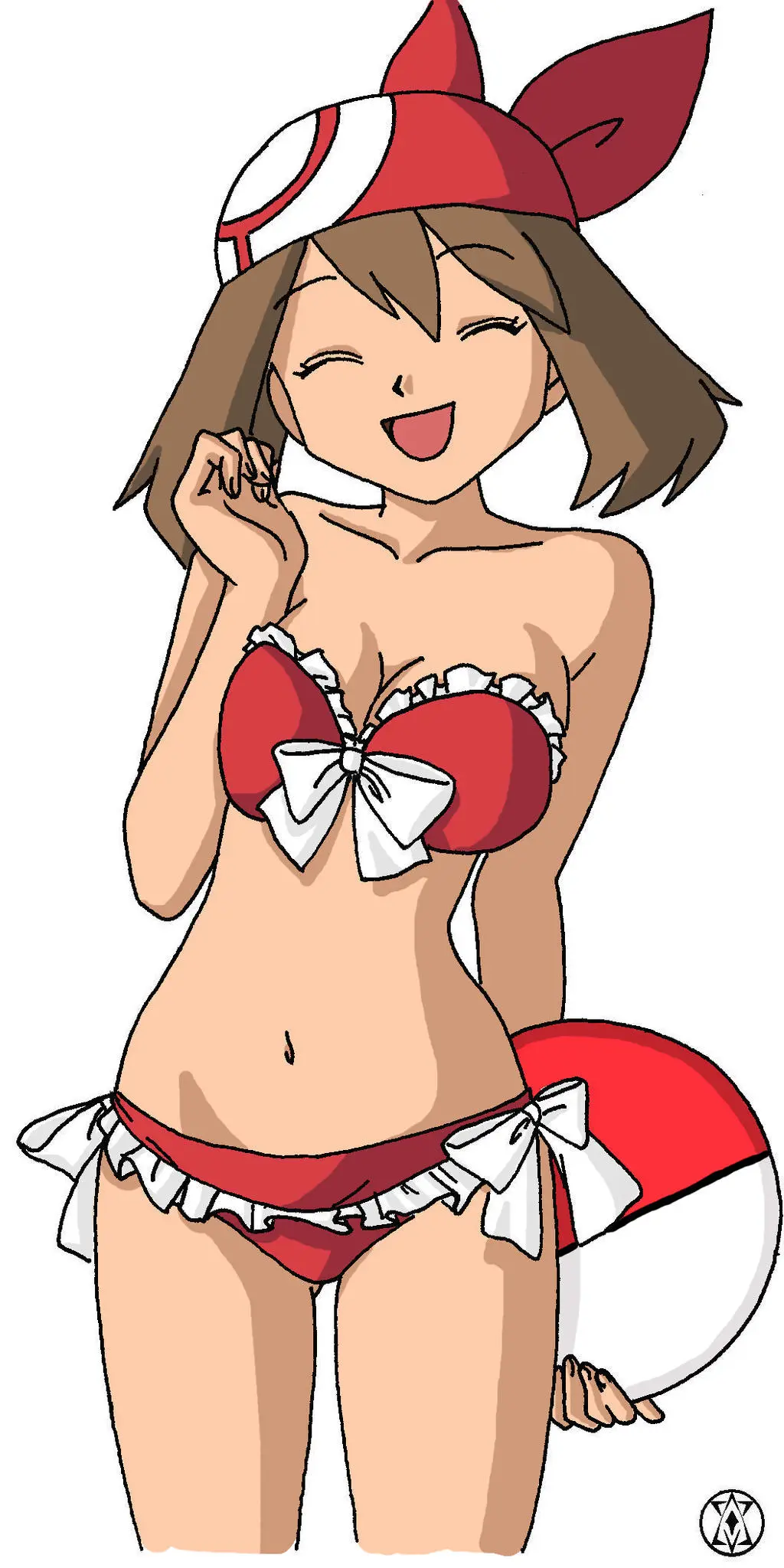 Image female,simple_background,smile,solo,white_background,navel,pokemon,bikini,cleavage,happy,tagme,swimsuit,brown_hair,closed_eyes,cute,hourglass_figure,bikini_top,girly,bikini_bottom,may_(pokemon),pokemon_rse,unknown_artist,half_naked,redraw,frills,pokemon_(anime),bandana,half_naked_female,unknown_source,red_bandana,beachwear,aidman101,cheerful