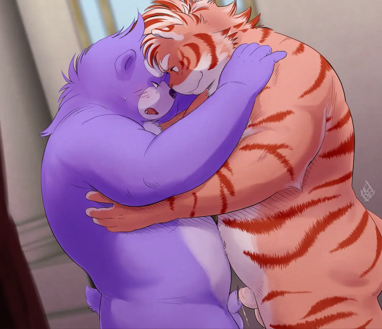 Image blush,smile,male,nude,penis,tail,ass,sex,duo,humanoid_penis,male/male,belly,teeth,balls,hair,anthro,tan_body,purple_fur,small_penis,genital_fluids,bodily_fluids,fur,genitals,inside,mammal,multicolored_body,multicolored_fur,precum,snout,two_tone_body,two_tone_fur,fangs,foreskin,uncircumcised,interspecies,orange_body,5_fingers,black_nose,2024,purple_body,bear,fingers,humanoid_genitalia,window,penile,orange_fur,felid,overweight,frottage,pantherine,stripes,tiger,anthro_on_anthro,pink_nose,overweight_male,embrace,striped_body,striped_fur,countershade_torso,countershading,blurred_background,overweight_anthro,tan_balls,tan_penis,countershade_face,countershade_genitalia,cute_fangs,tan_countershading,purple_penis,purple_balls,unretracted_foreskin,countershade_snout,countershade_hands,striped_hair,orange_stripes,koda-kota