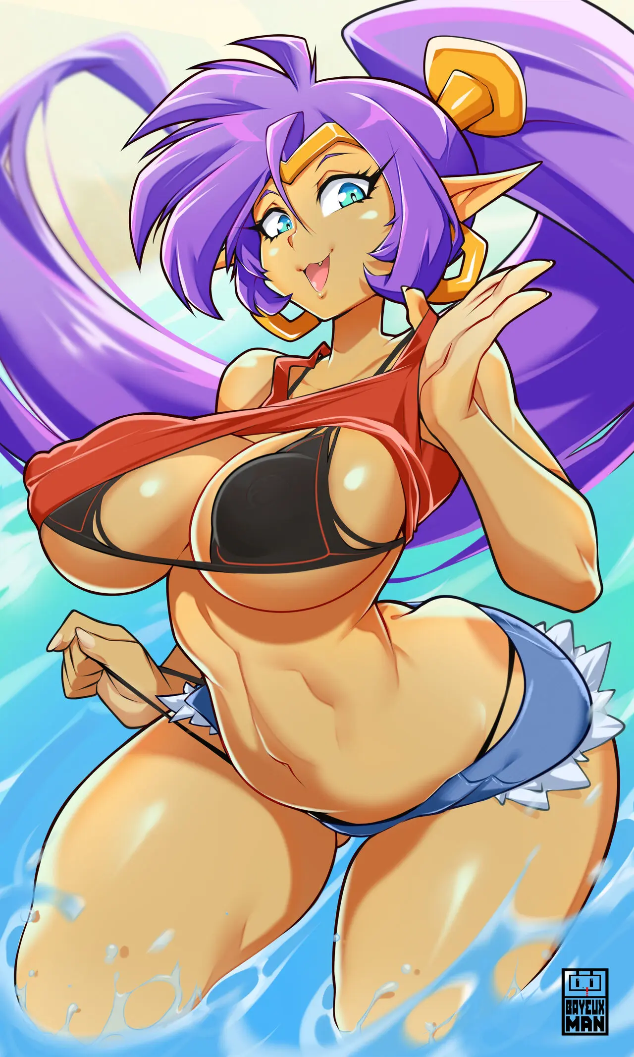 Image 1girls,big_breasts,breasts,female,female_only,long_hair,solo,bra,underwear,earrings,ponytail,beach,dark-skinned_female,oerba_yun_fang,thong,teasing,teasing_viewer,nipple_bulge,undressing,shantae,shantae_(character),short_shorts,genie,thong_pull,genie_girl,mischievous_smile,cat_smile,top_pull,bayeuxman