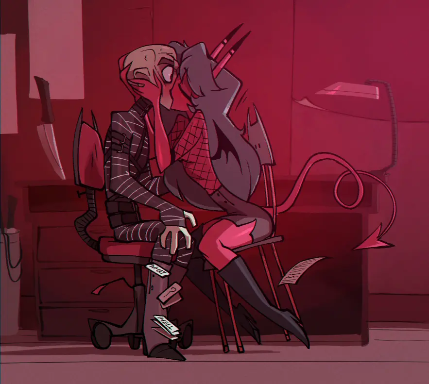 Image 1girls,blush,breasts,female,hi_res,long_hair,1boy,black_hair,male,small_breasts,thick_thighs,bare_thighs,color,male/female,tagme,sitting,demon,original_character,demon_girl,fishnets,red_skin,kissing,helluva_boss,red_body,succubus,succubus_horns,succubus_tail,bigdad,succubus_wings,finn_talbert_(bigdad),kiki_(helluva_boss)