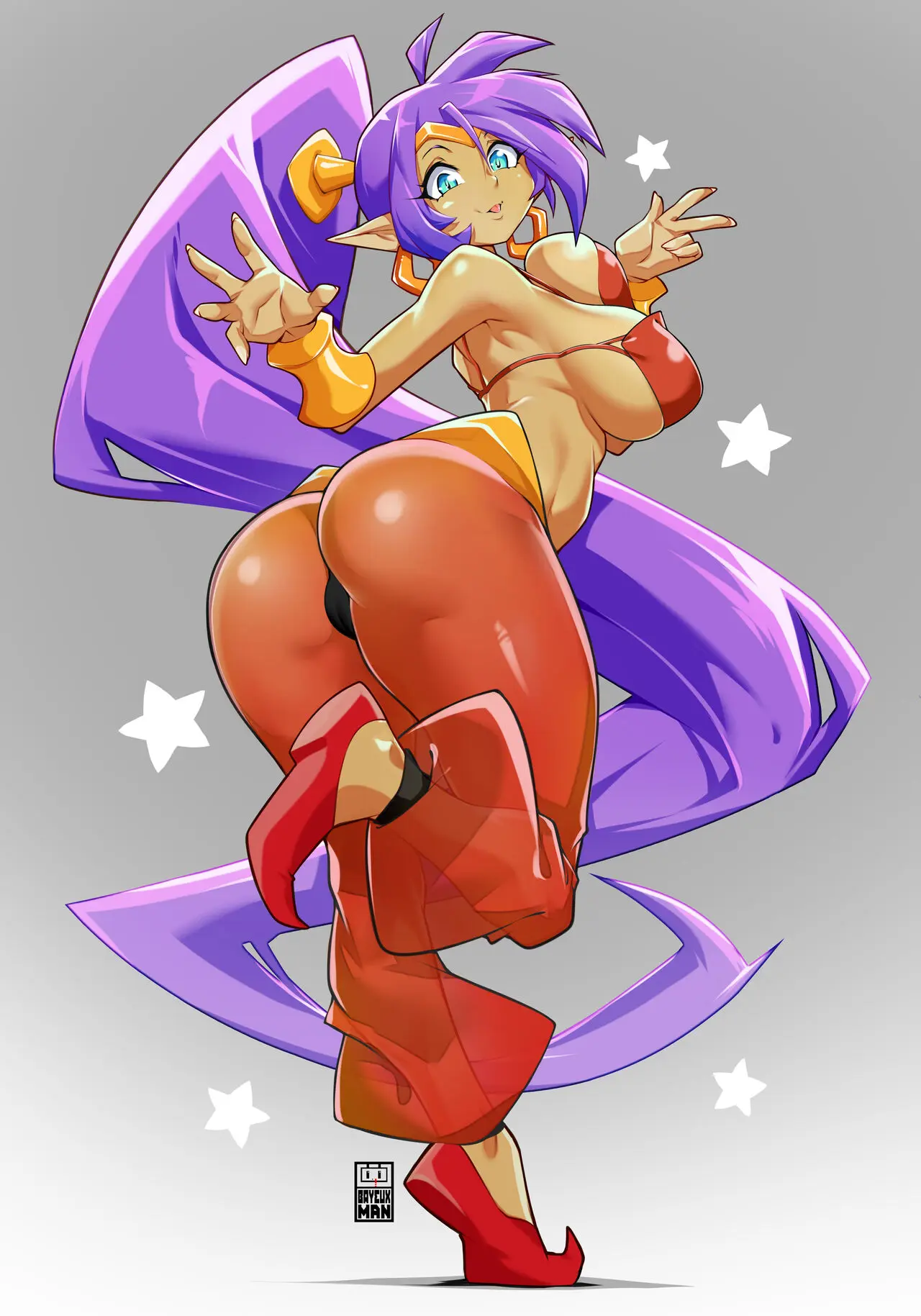 Image 1girls,big_breasts,breasts,female,female_only,solo,ass,big_ass,earrings,ponytail,muscular,pointy_ears,dark-skinned_female,jpeg,skimpy_clothes,posing_for_the_viewer,tease,shantae,shantae_(character),dancer_outfit,wayforward,butt_pose,bayeuxman